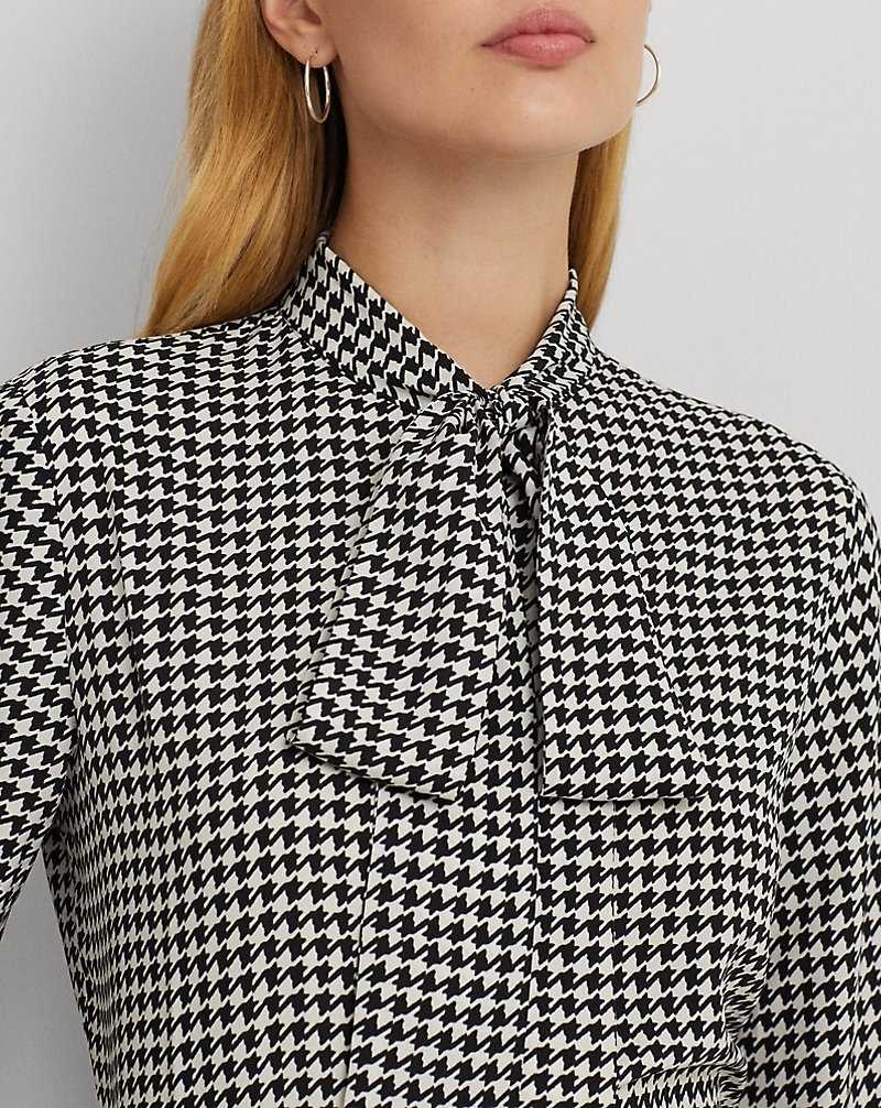 Camisas Ralph Lauren Houndstooth Crepe Tie-Neck Mujer Cream/Black | PLMKUXS-48 - vista 5