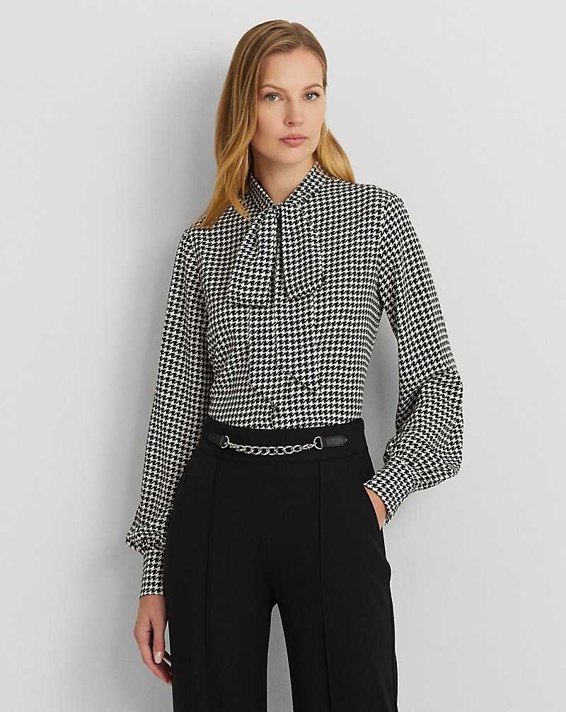 Camisas Ralph Lauren Houndstooth Crepe Tie-Neck Mujer Cream/Black | PLMKUXS-48 - vista 1