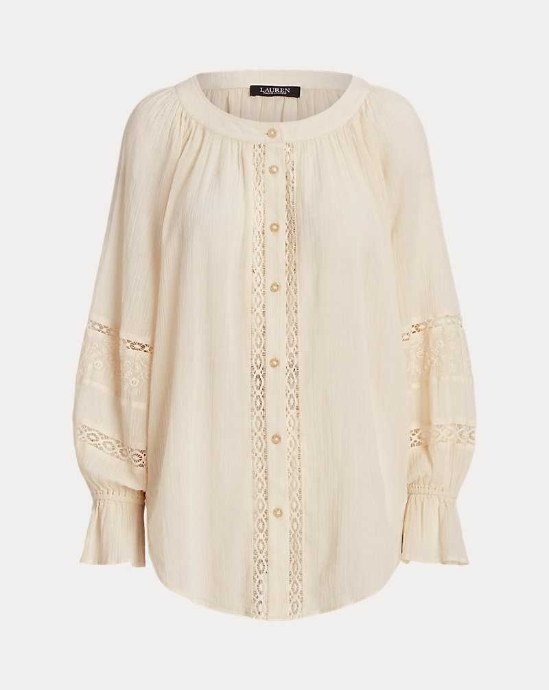 Camisas Ralph Lauren Lace-Trim Cotton Blouson-Sleeve Mujer Creme | WKGCOPV-46 - vista 2