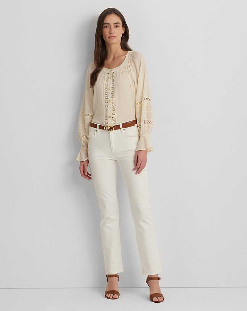 Camisas Ralph Lauren Lace-Trim Cotton Blouson-Sleeve Mujer Creme | WKGCOPV-46 - vista 3