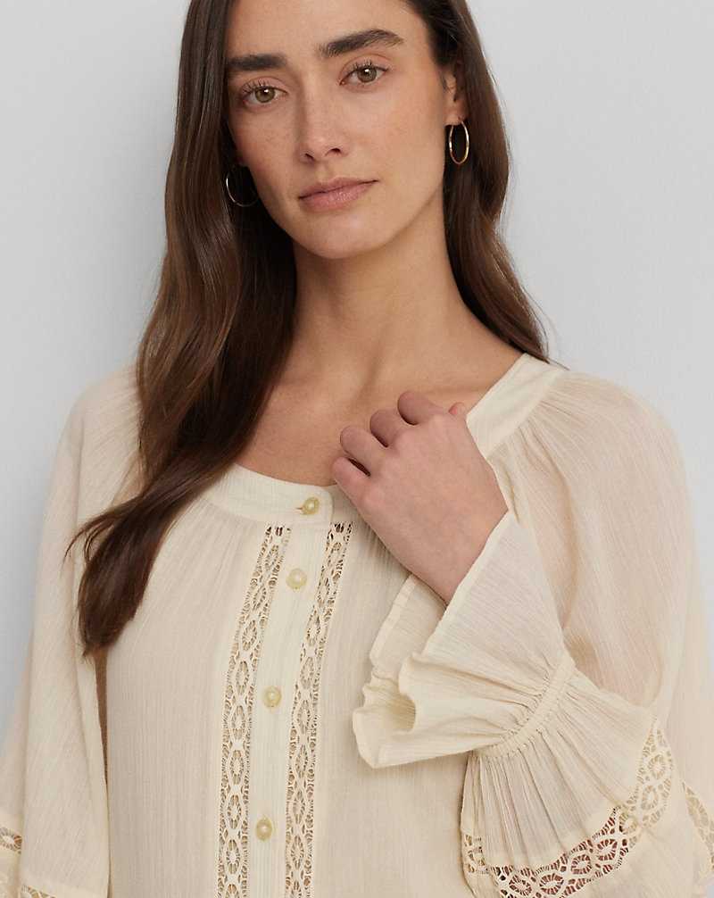 Camisas Ralph Lauren Lace-Trim Cotton Blouson-Sleeve Mujer Creme | WKGCOPV-46 - vista 5