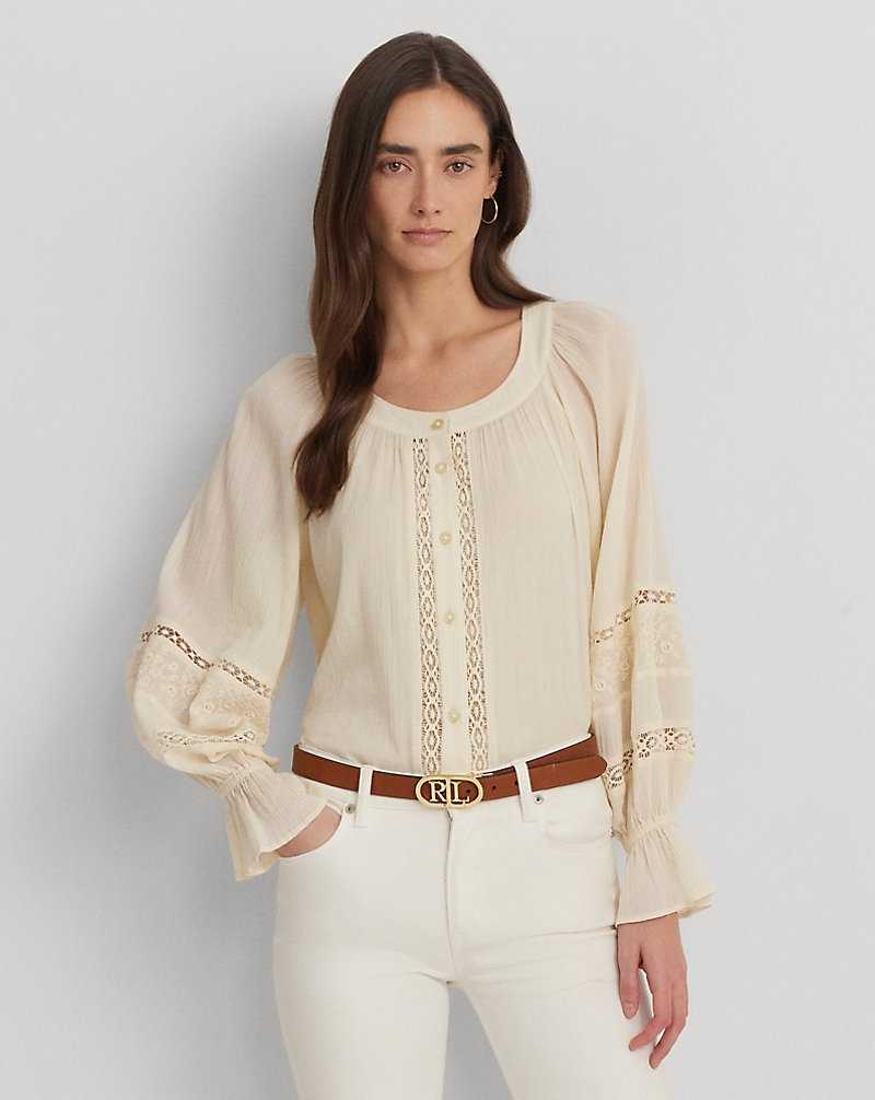 Camisas Ralph Lauren Lace-Trim Cotton Blouson-Sleeve Mujer Creme | WKGCOPV-46 - vista 1