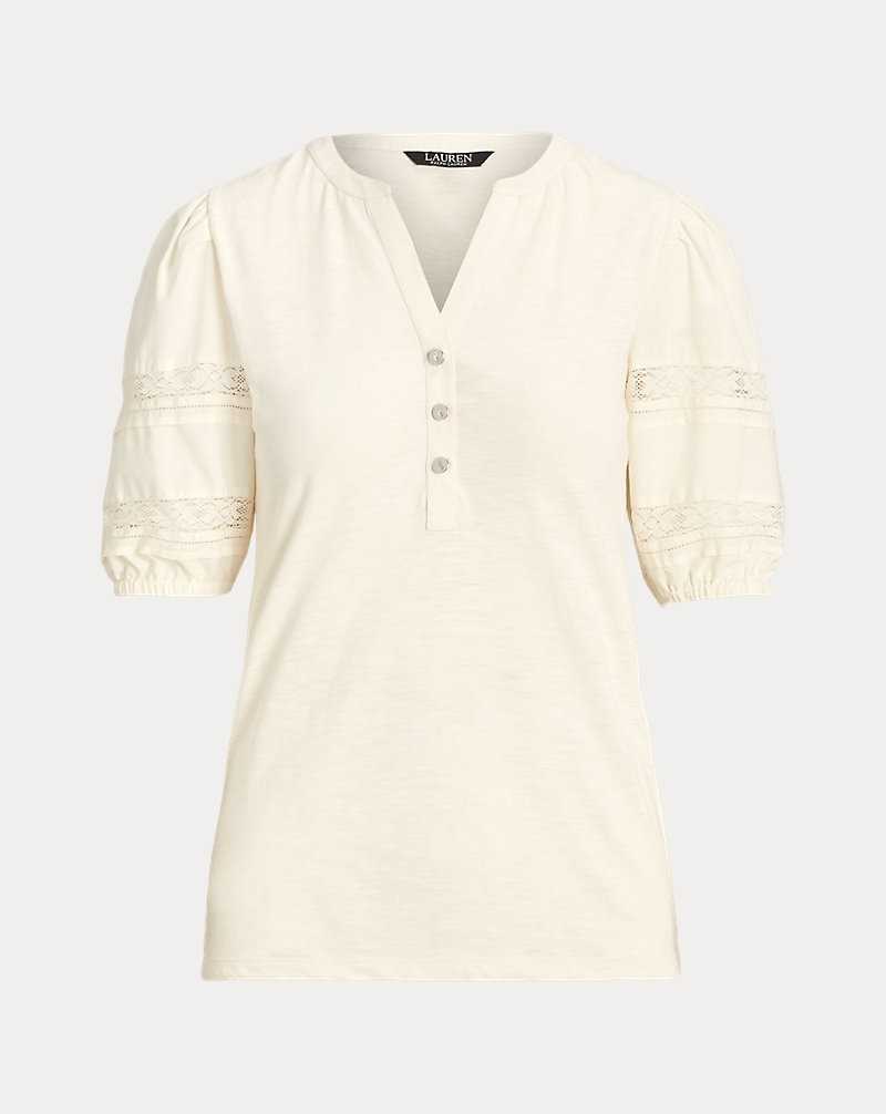 Camisas Ralph Lauren Lace-Trim Jersey Puff-Sleeved Henley Tee Mujer Creme | ULFDQOC-05 - vista 2