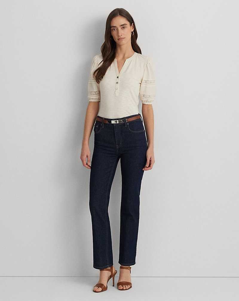 Camisas Ralph Lauren Lace-Trim Jersey Puff-Sleeved Henley Tee Mujer Creme | ULFDQOC-05 - vista 3