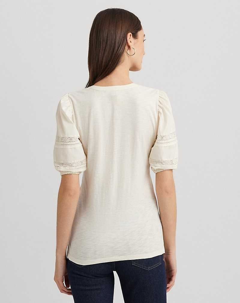 Camisas Ralph Lauren Lace-Trim Jersey Puff-Sleeved Henley Tee Mujer Creme | ULFDQOC-05 - vista 4