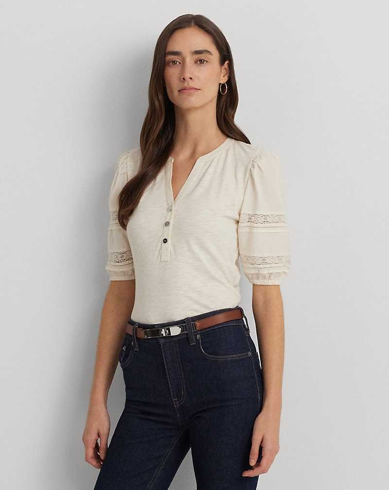 Camisas Ralph Lauren Lace-Trim Jersey Puff-Sleeved Henley Tee Mujer Creme | ULFDQOC-05 - vista 1
