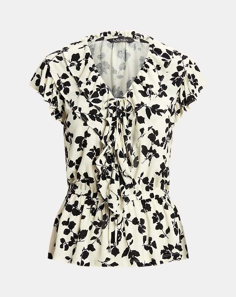 Camisas Ralph Lauren Leaf-Print Ruffle-Trim Jersey Peplum Top Mujer Cream/Black | XDUZWRP-69 - vista 2