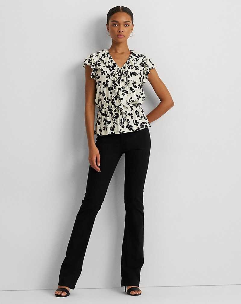 Camisas Ralph Lauren Leaf-Print Ruffle-Trim Jersey Peplum Top Mujer Cream/Black | XDUZWRP-69 - vista 3