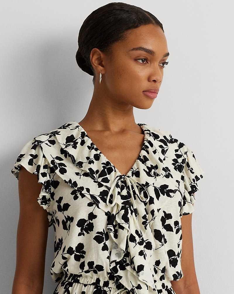 Camisas Ralph Lauren Leaf-Print Ruffle-Trim Jersey Peplum Top Mujer Cream/Black | XDUZWRP-69 - vista 5