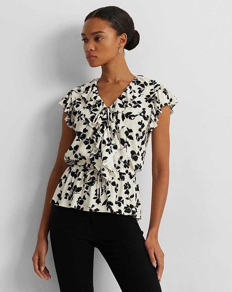 Camisas Ralph Lauren Leaf-Print Ruffle-Trim Jersey Peplum Top Mujer Cream/Black | XDUZWRP-69 - vista 1
