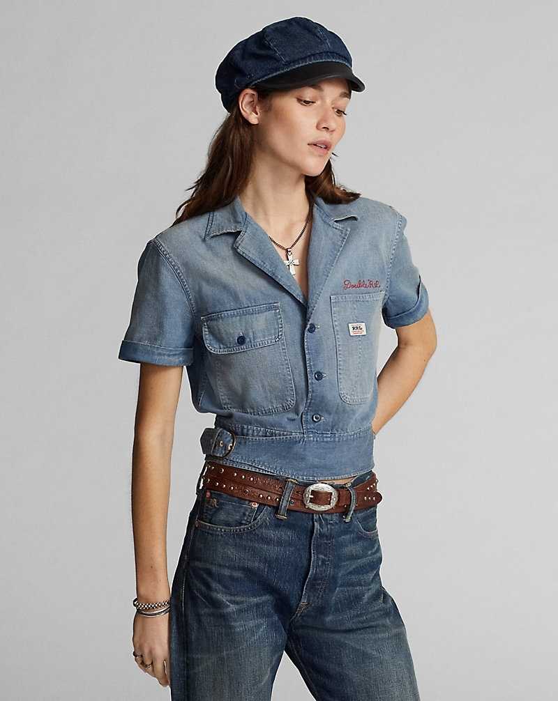 Camisas Ralph Lauren Logo-Embroidered Denim Workshirt Mujer Medium Wash/Red | DONTYSB-29 - vista 2