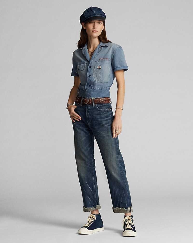 Camisas Ralph Lauren Logo-Embroidered Denim Workshirt Mujer Medium Wash/Red | DONTYSB-29 - vista 3
