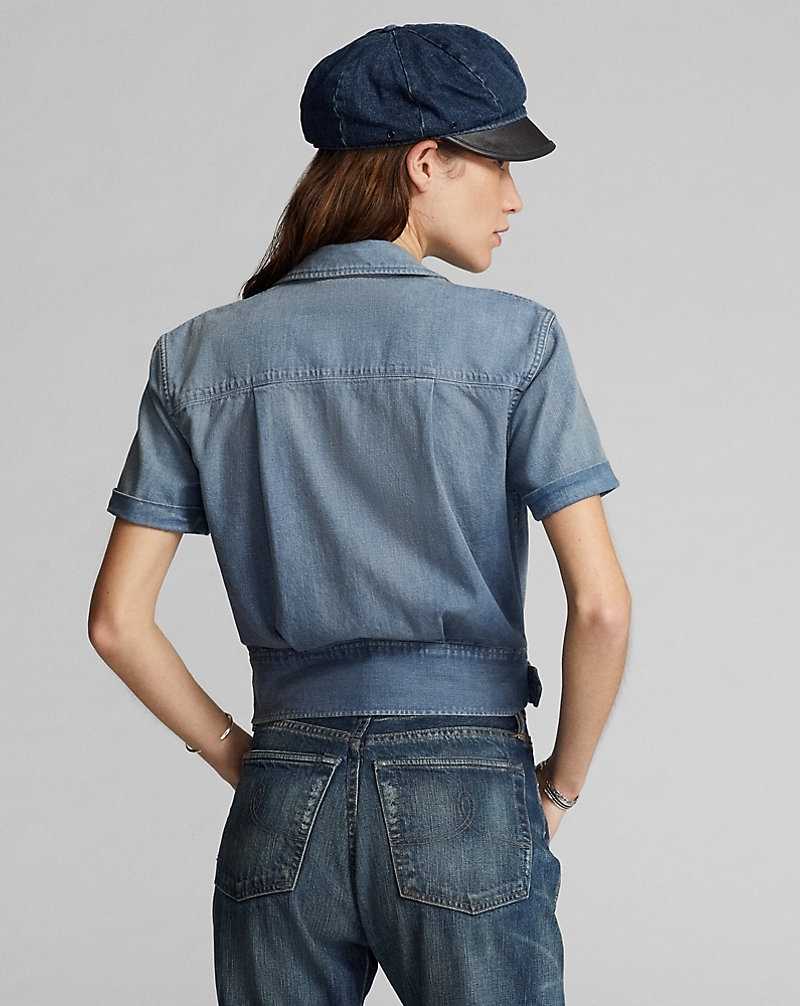 Camisas Ralph Lauren Logo-Embroidered Denim Workshirt Mujer Medium Wash/Red | DONTYSB-29 - vista 4