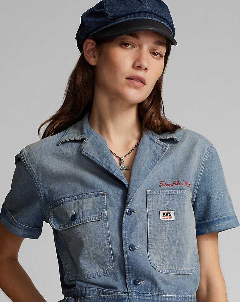 Camisas Ralph Lauren Logo-Embroidered Denim Workshirt Mujer Medium Wash/Red | DONTYSB-29 - vista 5