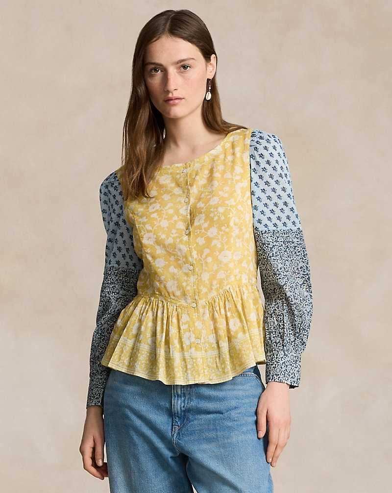 Camisas Ralph Lauren Mixed-Print Cotton Peplum Top Mujer Woodblock Patchwork | BVJPKRG-18 - vista 1