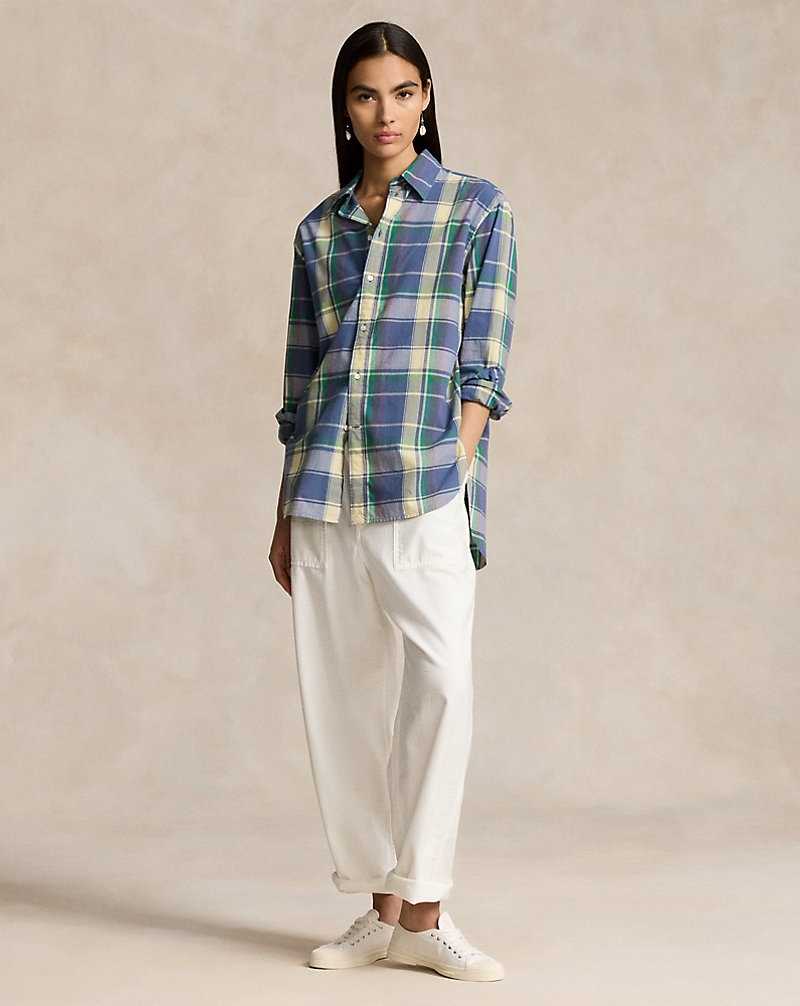 Camisas Ralph Lauren Oversize Fit Plaid Cotton Mujer 1669 Blue/yellow | HNAIDWP-67 - vista 3