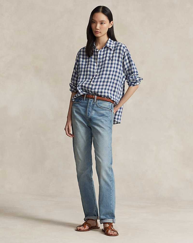 Camisas Ralph Lauren Oversize Striped Linen Mujer 1618 Blue/White Check | AMXGVLJ-80 - vista 3