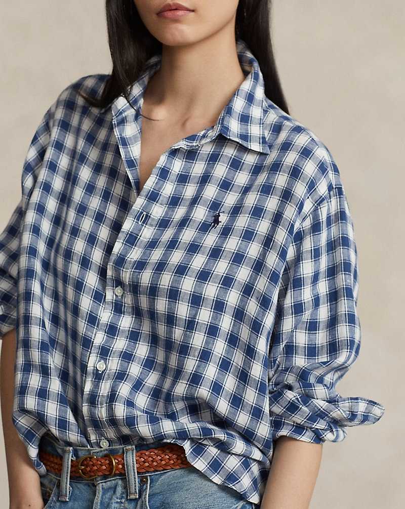 Camisas Ralph Lauren Oversize Striped Linen Mujer 1618 Blue/White Check | AMXGVLJ-80 - vista 5