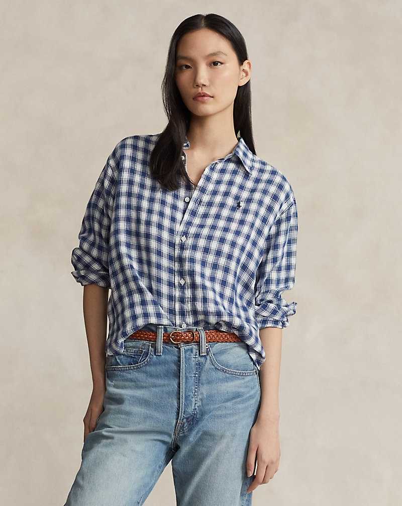 Camisas Ralph Lauren Oversize Striped Linen Mujer 1618 Blue/White Check | AMXGVLJ-80 - vista 1