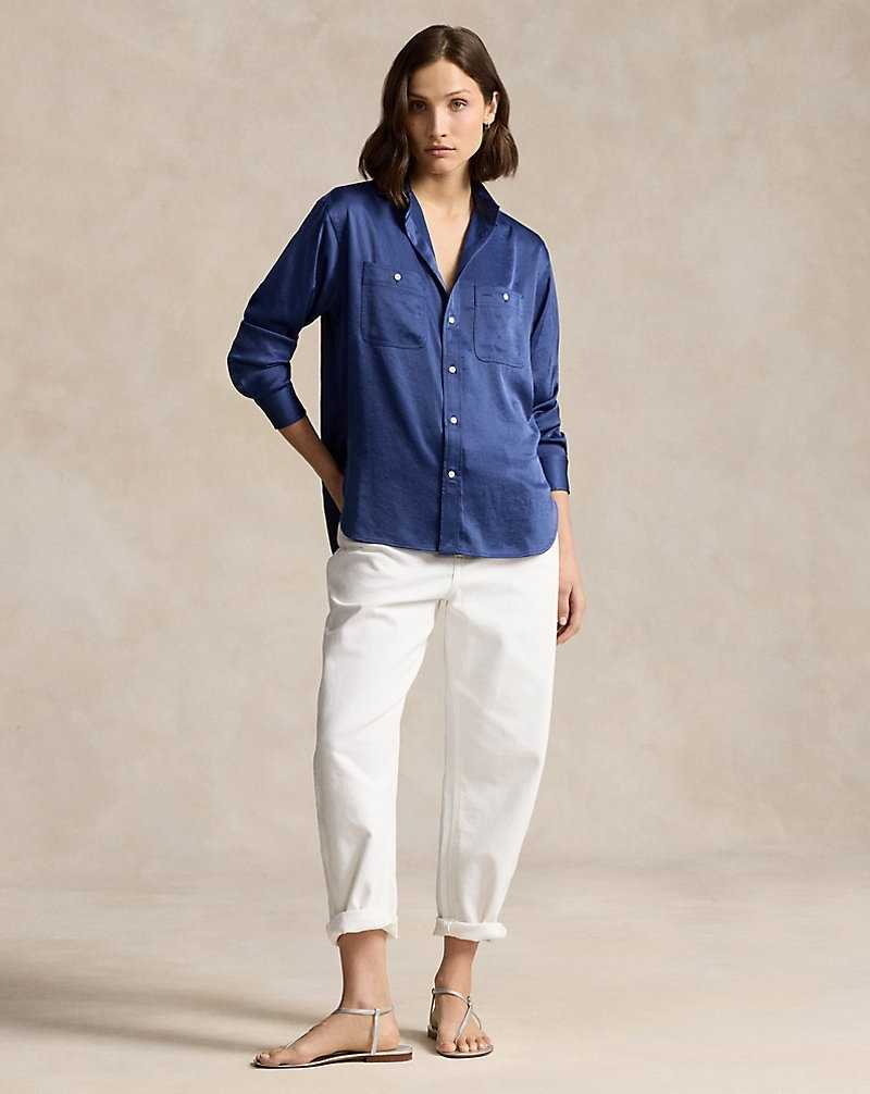 Camisas Ralph Lauren Relaxed Fit Crinkled Satin Mujer Azules | GNVCWHJ-82 - vista 3
