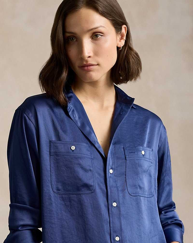 Camisas Ralph Lauren Relaxed Fit Crinkled Satin Mujer Azules | GNVCWHJ-82 - vista 5