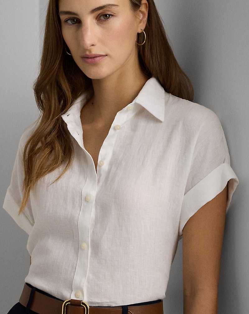 Camisas Ralph Lauren Relaxed Fit Linen-Sleeve Mujer Blancos | XSDCYUG-79 - vista 5