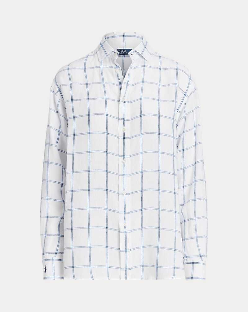 Camisas Ralph Lauren Relaxed Fit Plaid Linen Mujer 1496 Cream/Blue Plaid | IBMNGUY-17 - vista 2