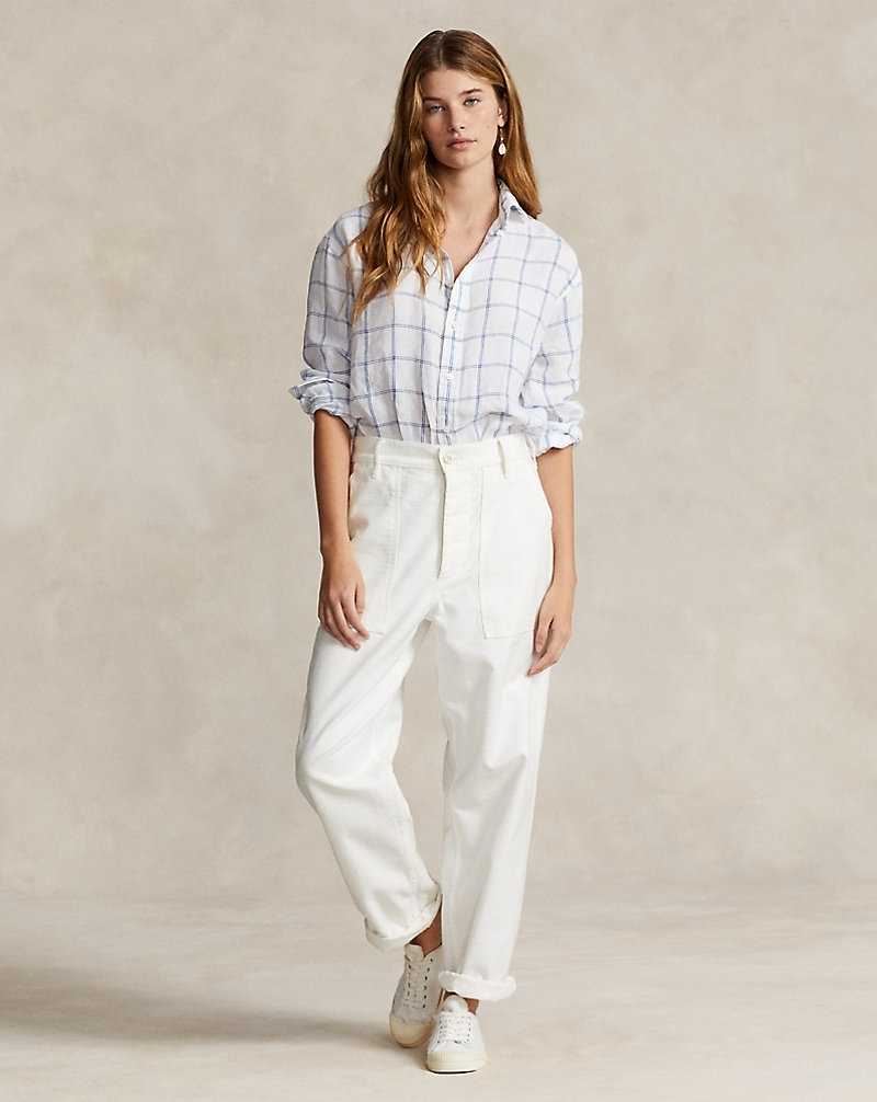 Camisas Ralph Lauren Relaxed Fit Plaid Linen Mujer 1496 Cream/Blue Plaid | IBMNGUY-17 - vista 3