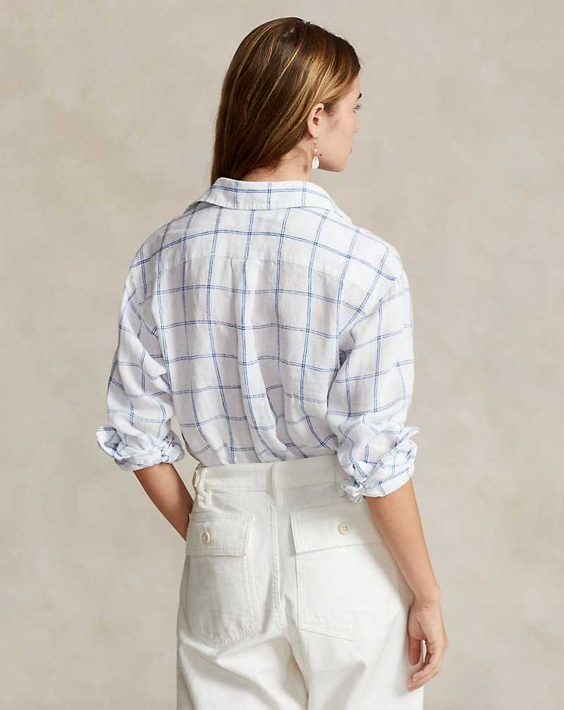 Camisas Ralph Lauren Relaxed Fit Plaid Linen Mujer 1496 Cream/Blue Plaid | IBMNGUY-17 - vista 4