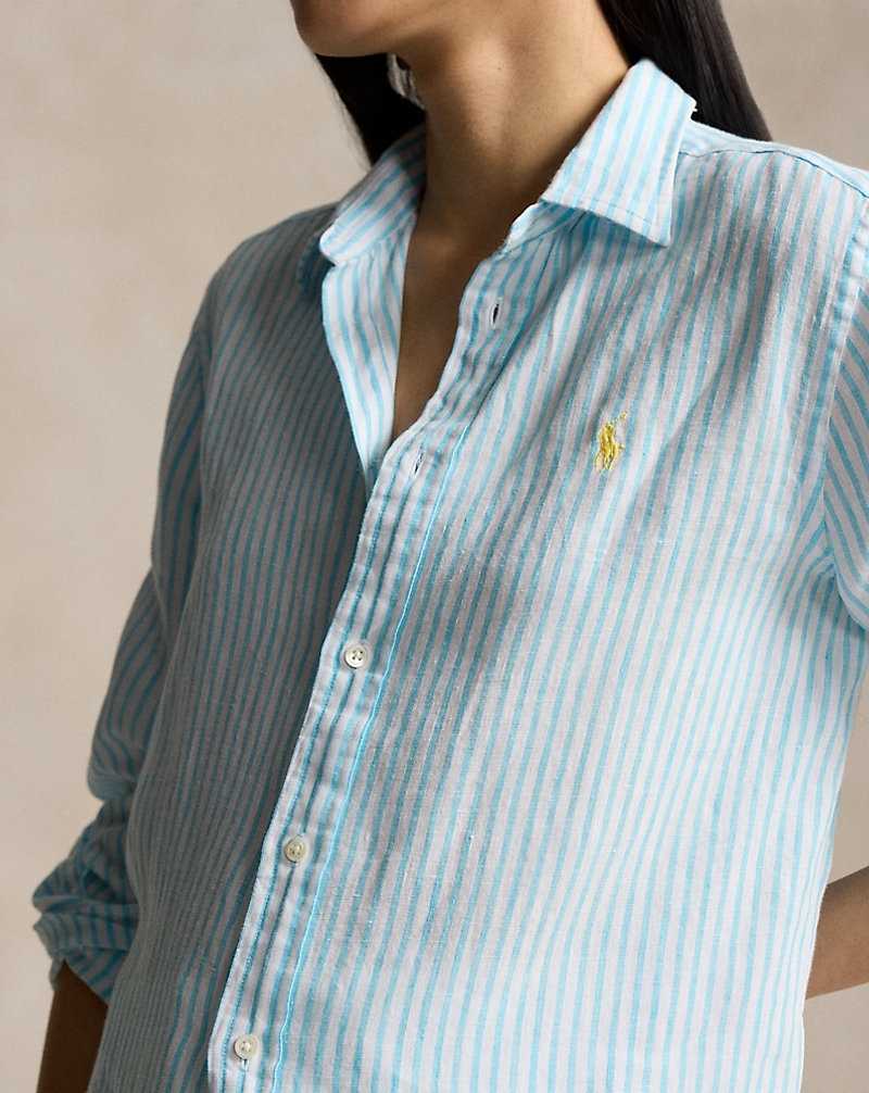 Camisas Ralph Lauren Relaxed Fit Striped Linen Mujer Turquesa | QKHRWCP-91 - vista 5