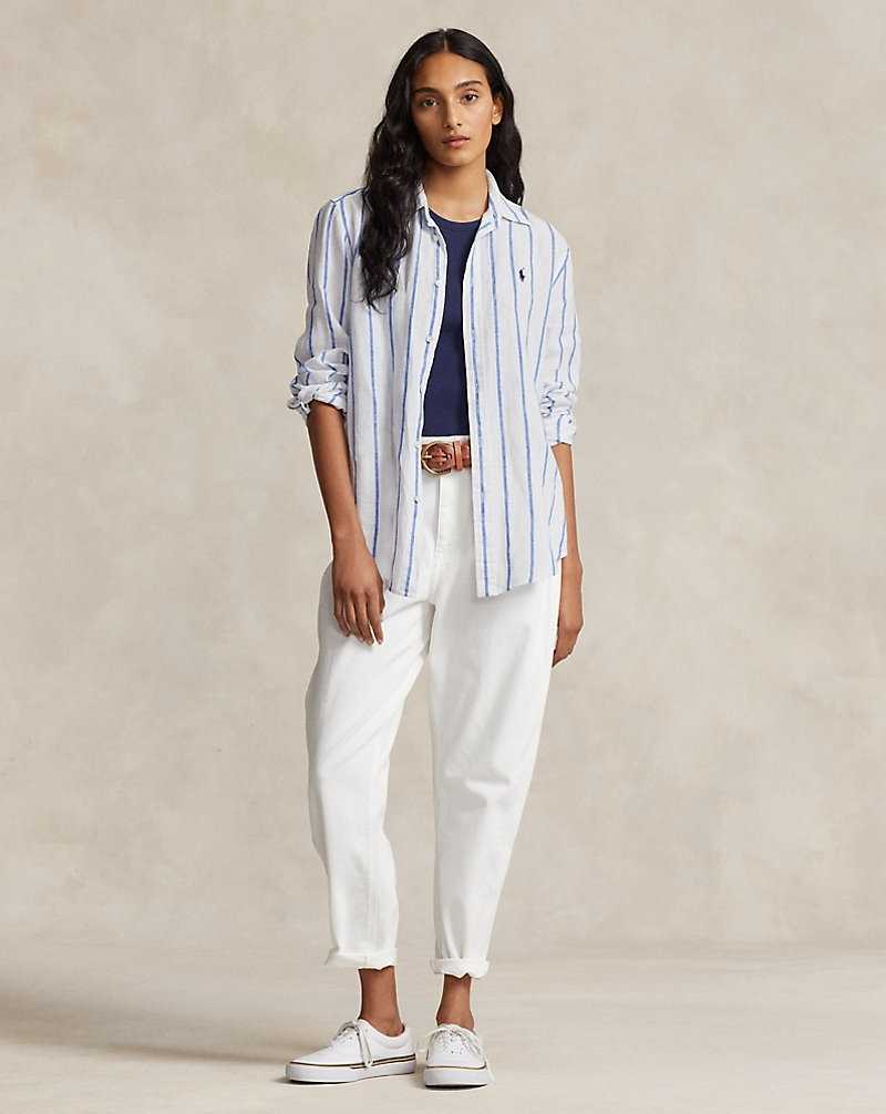 Camisas Ralph Lauren Relaxed Fit Striped Linen Mujer White/Royal | SPWNLHR-85 - vista 3