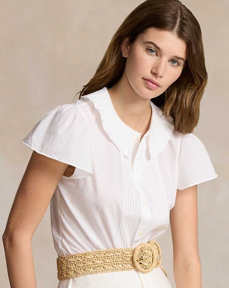 Camisas Ralph Lauren Ruffle-Trim Cotton Mujer Blancos | UKSCTWR-71 - vista 5