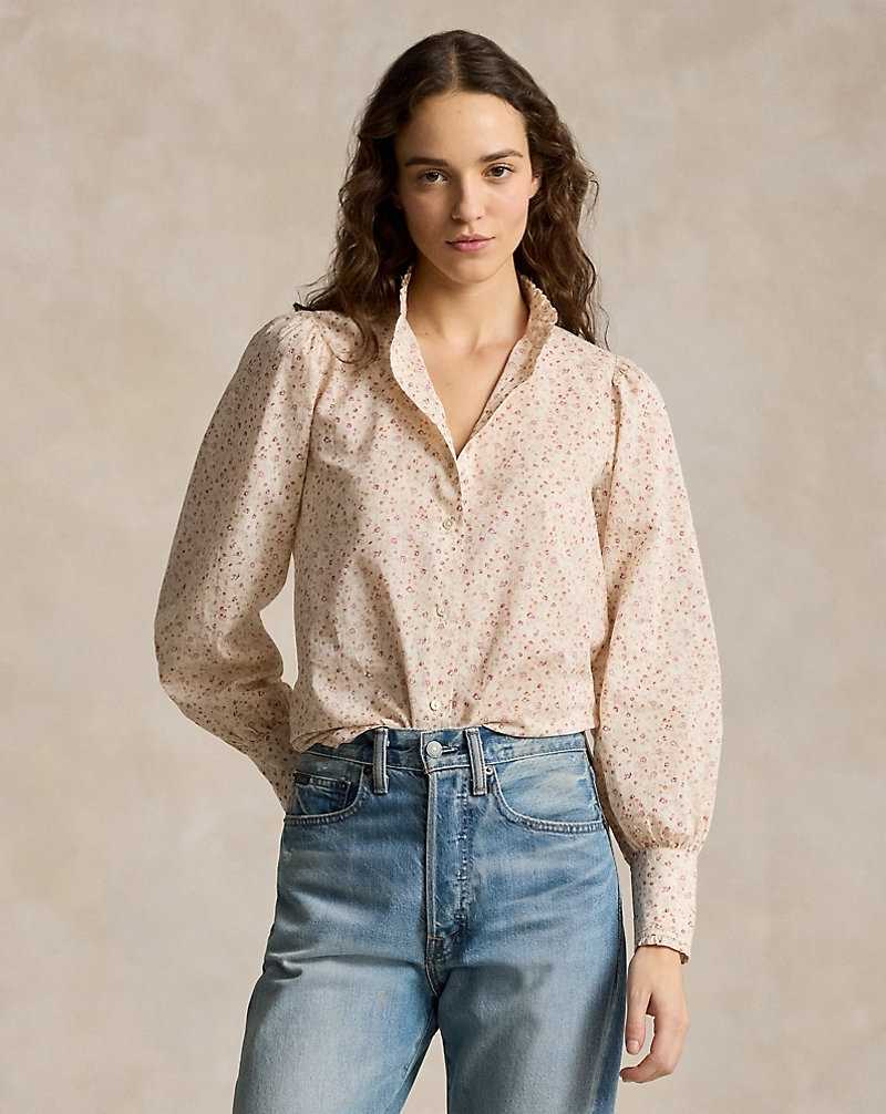 Camisas Ralph Lauren Ruffle-Trim Floral Cotton Mujer Amarillos | QFDPMVE-46 - vista 1