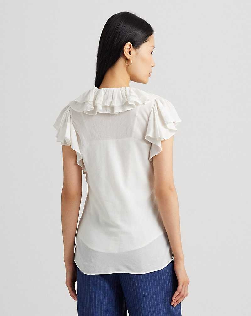 Camisas Ralph Lauren Ruffle-Trim Gauze Flutter-Sleeve Mujer Creme | TVKXRLG-62 - vista 4