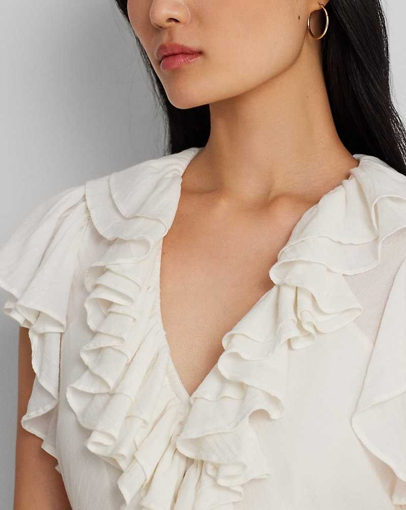 Camisas Ralph Lauren Ruffle-Trim Gauze Flutter-Sleeve Mujer Creme | TVKXRLG-62 - vista 5