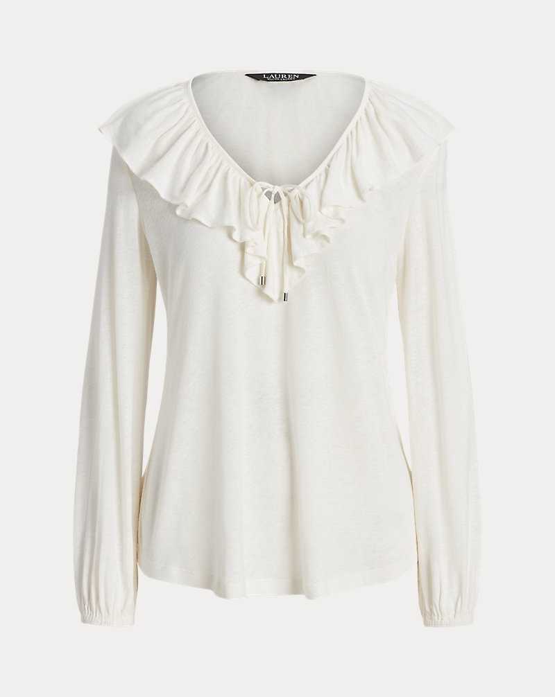 Camisas Ralph Lauren Ruffle-Trim Jersey Tie-Neck Top Mujer Creme | MREUOLX-70 - vista 2