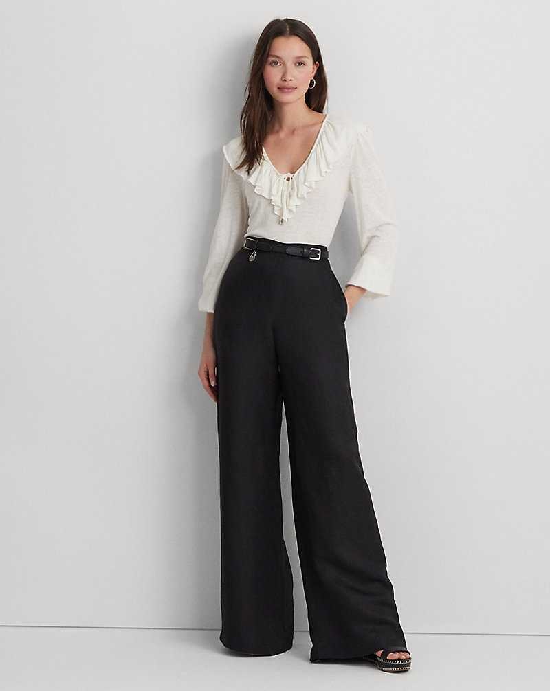 Camisas Ralph Lauren Ruffle-Trim Jersey Tie-Neck Top Mujer Creme | MREUOLX-70 - vista 3