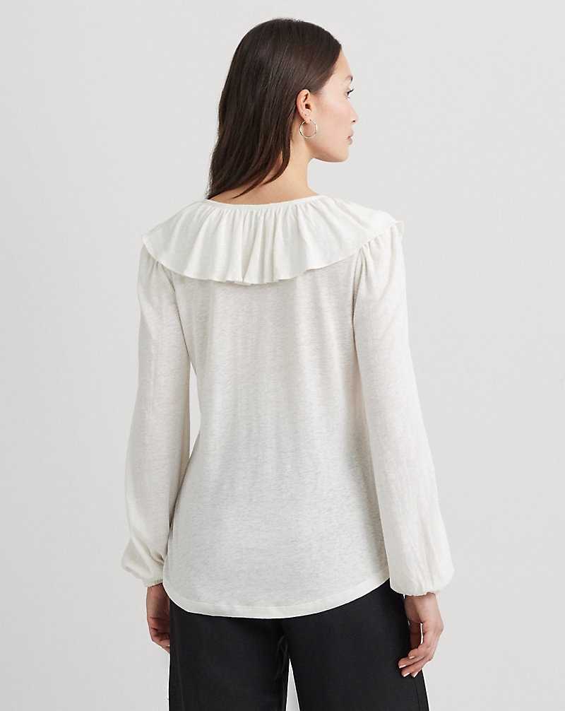Camisas Ralph Lauren Ruffle-Trim Jersey Tie-Neck Top Mujer Creme | MREUOLX-70 - vista 4