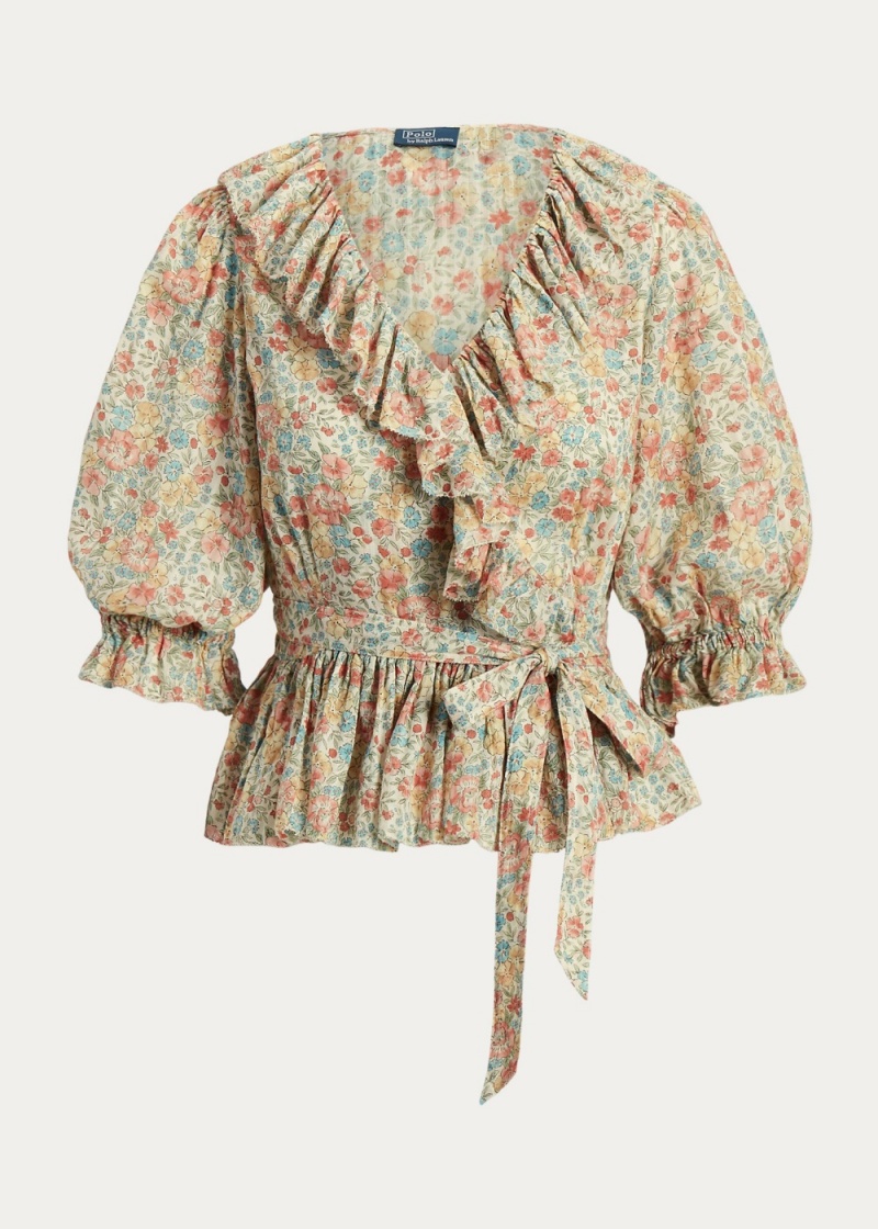 Camisas Ruffled Floral Motif Algodon Wrap Top Mujer Negros | FHCI03278 - vista 2