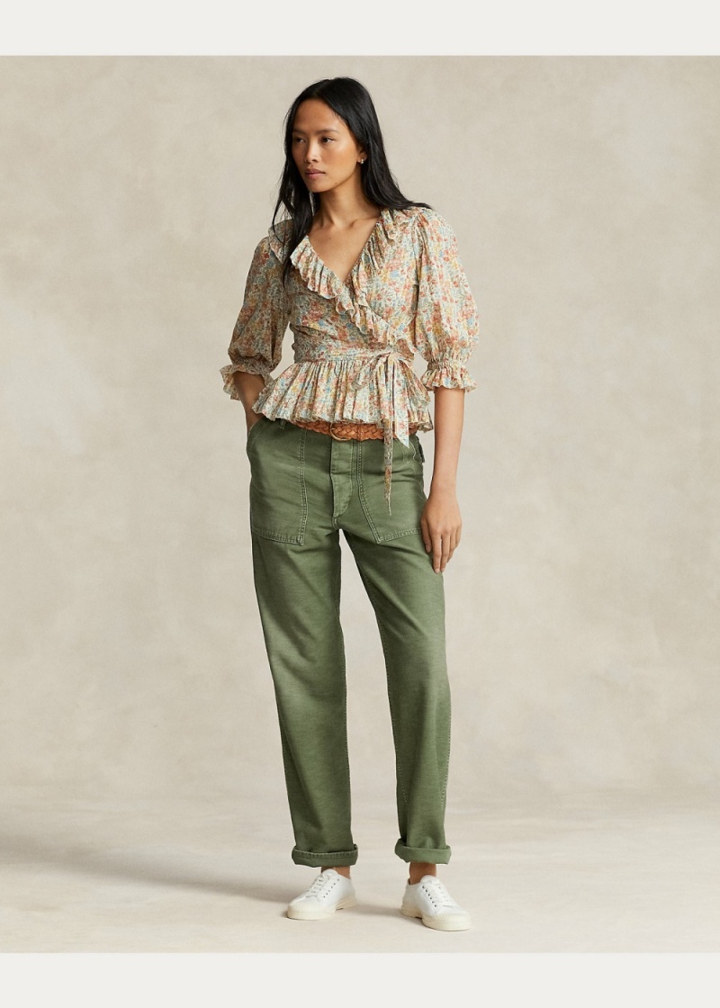 Camisas Ruffled Floral Motif Algodon Wrap Top Mujer Negros | FHCI03278 - vista 3