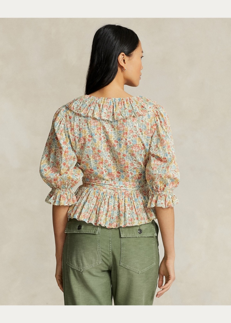 Camisas Ruffled Floral Motif Algodon Wrap Top Mujer Negros | FHCI03278 - vista 4