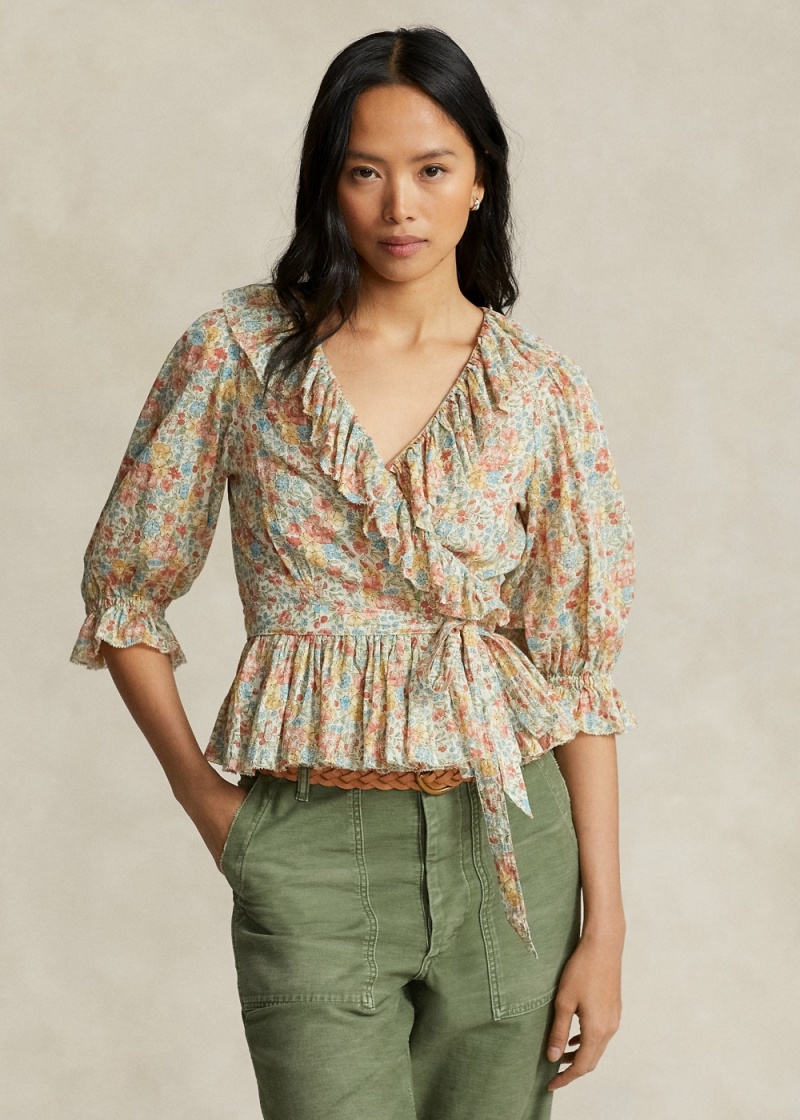 Camisas Ruffled Floral Motif Algodon Wrap Top Mujer Negros | FHCI03278 - vista 1
