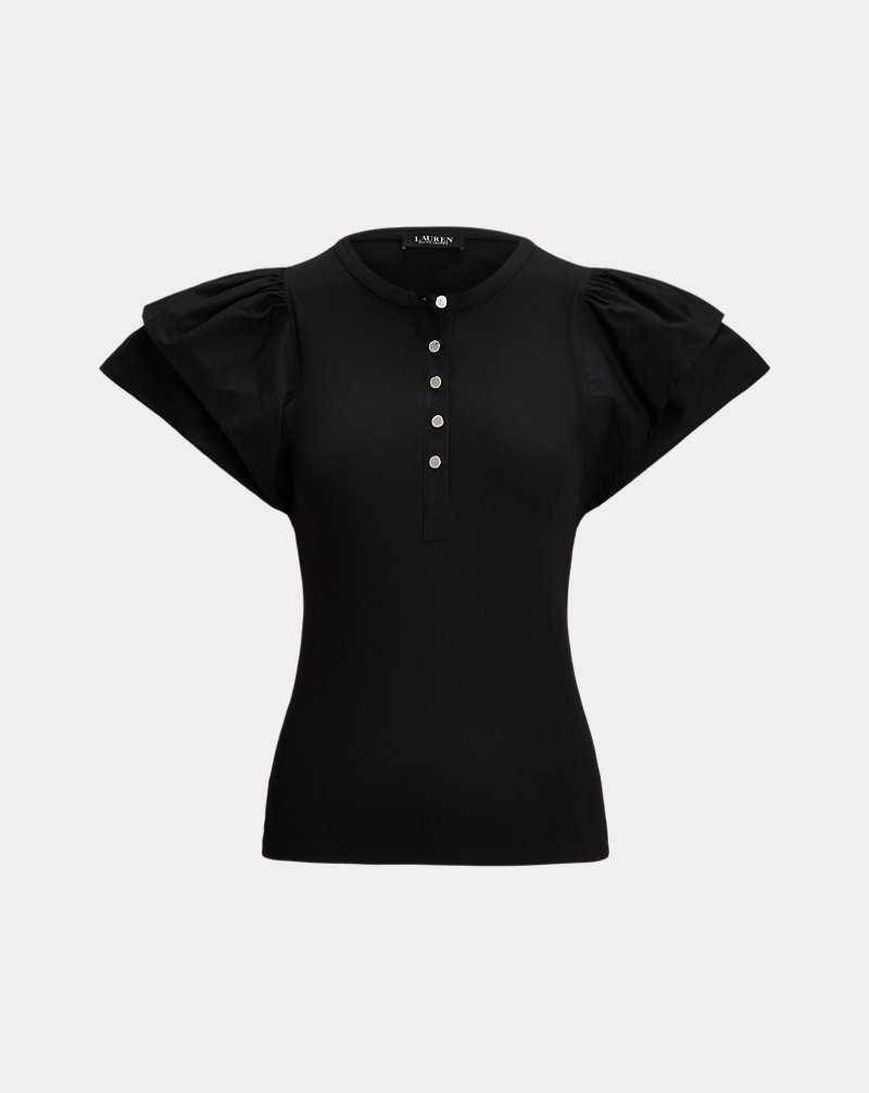 Camisas Ralph Lauren Stretch Cotton Flutter-Sleeve Henley Top Mujer Negros | OLGNHZV-31 - vista 2