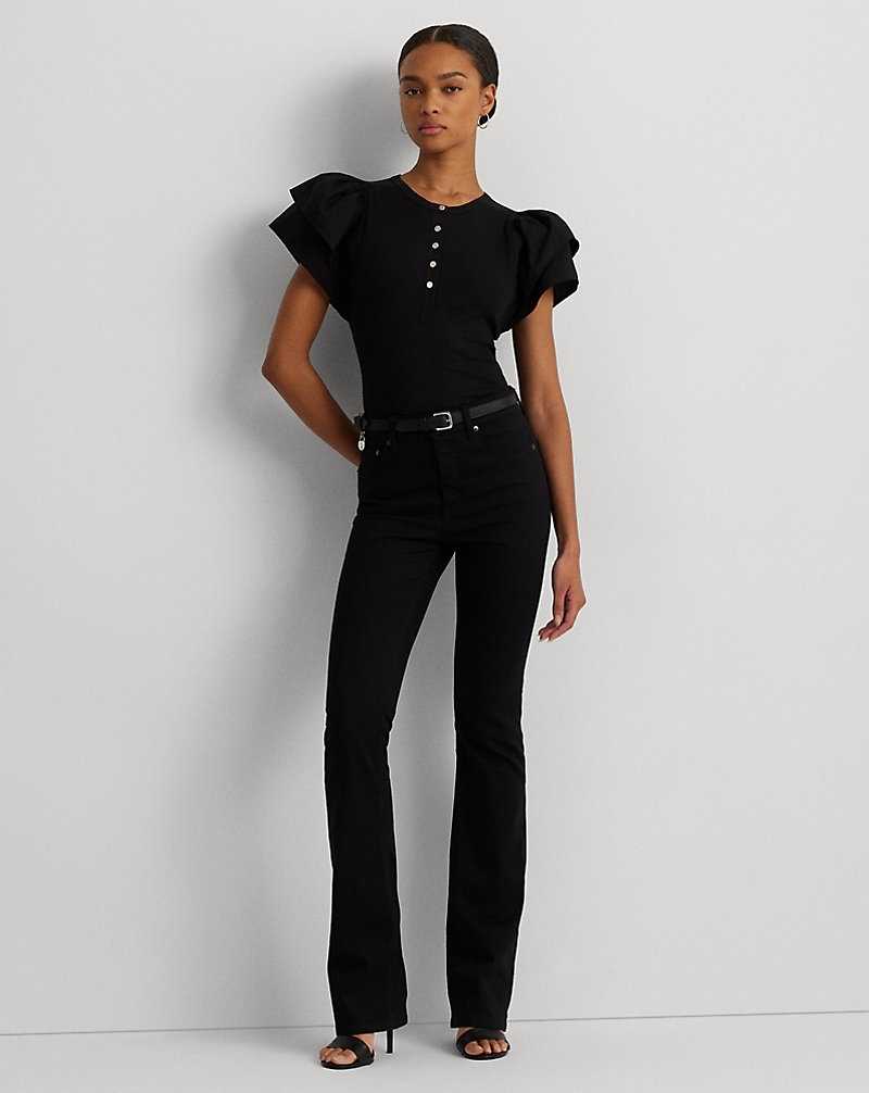 Camisas Ralph Lauren Stretch Cotton Flutter-Sleeve Henley Top Mujer Negros | OLGNHZV-31 - vista 3