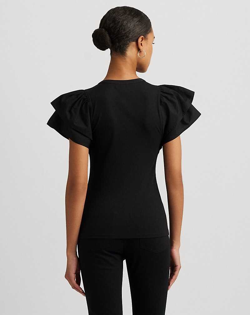 Camisas Ralph Lauren Stretch Cotton Flutter-Sleeve Henley Top Mujer Negros | OLGNHZV-31 - vista 4