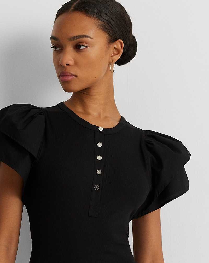 Camisas Ralph Lauren Stretch Cotton Flutter-Sleeve Henley Top Mujer Negros | OLGNHZV-31 - vista 5