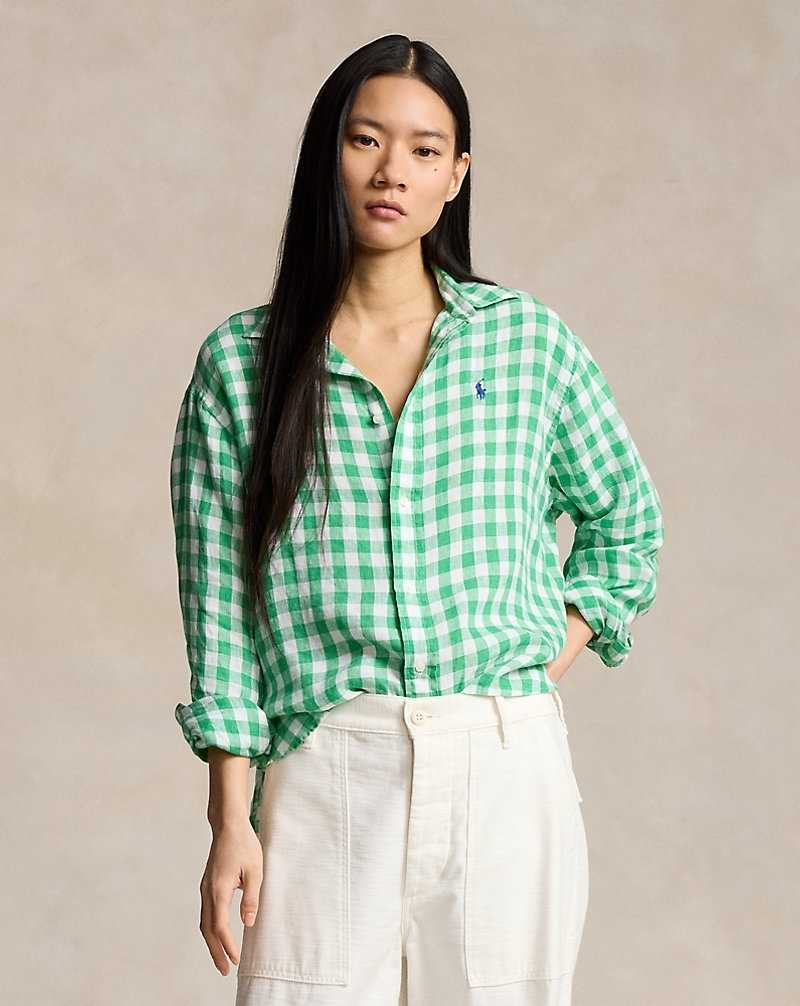 Camisas Ralph Lauren Wide Cropped Gingham Linen Mujer 1721c Vineyard Green/whit | WPZRBAI-41 - vista 1