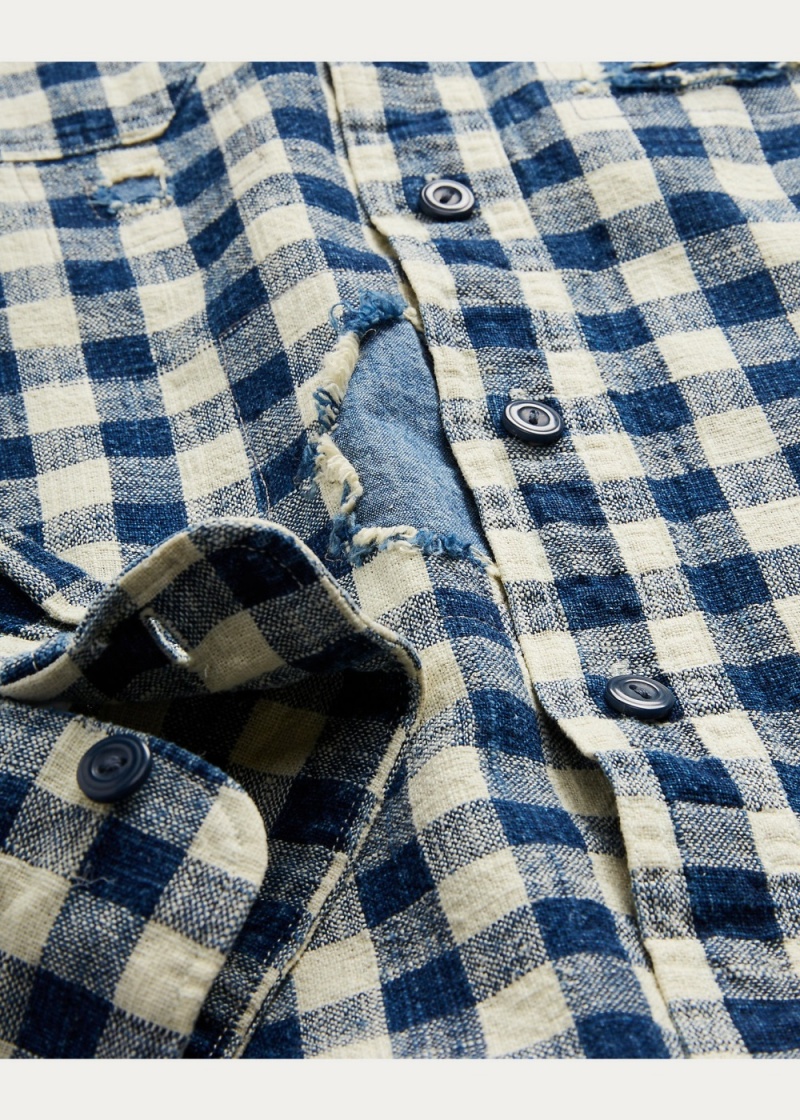 Camisas informales y Camisas Vestir Indigo Checked Linen-Algodon Workshirt Hombre Creme | KEGH32078 - vista 4