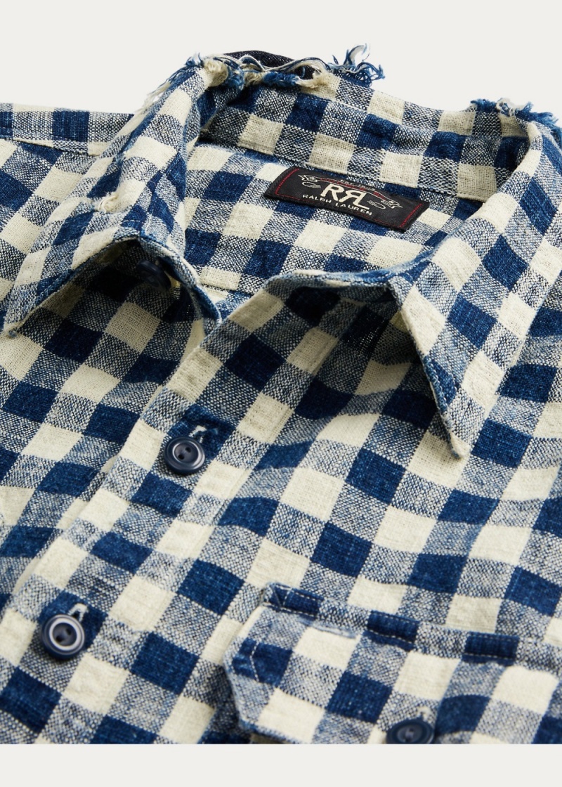 Camisas informales y Camisas Vestir Indigo Checked Linen-Algodon Workshirt Hombre Creme | KEGH32078 - vista 6
