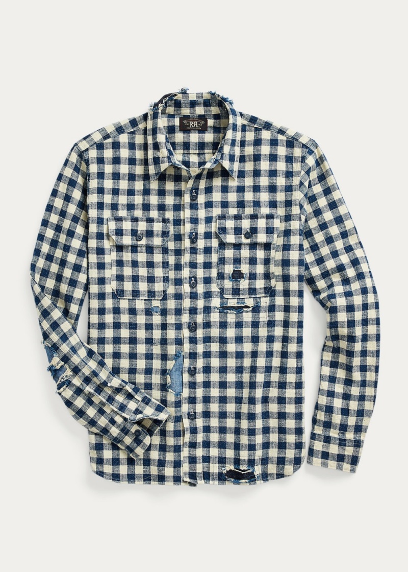 Camisas informales y Camisas Vestir Indigo Checked Linen-Algodon Workshirt Hombre Creme | KEGH32078 - vista 1